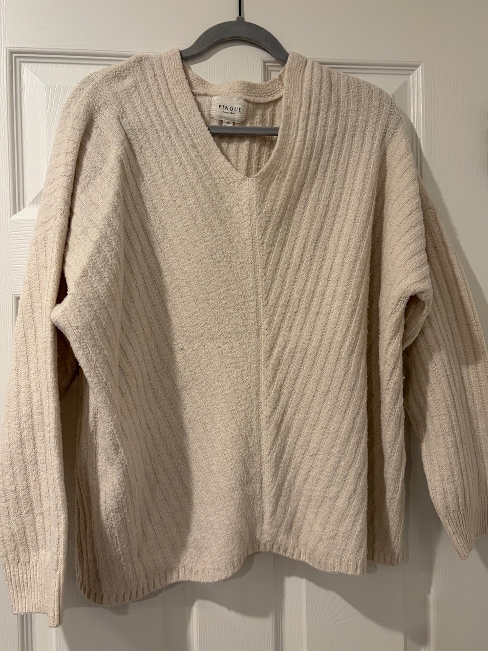 Cream Ribbed V-Neck Women's Sweater